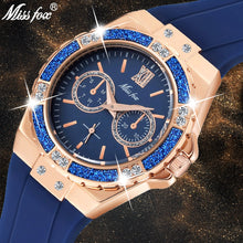 Load image into Gallery viewer, MISSFOX Women's Watches Chronograph Rose Gold Sport Watch Ladies Diamond Blue Rubber Band Xfcs Analog Female Quartz Wristwatch